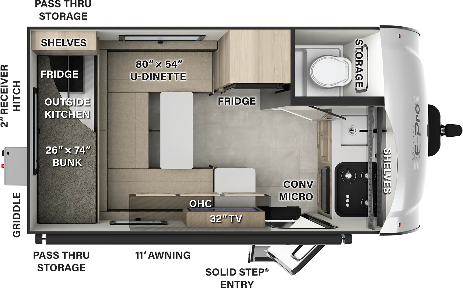 The Flagstaff E-Pro E15RDG has one entry and zero slide outs. Exterior features include: fiberglass exterior and 11' awning. Interiors features include: bunk beds and u-dinette.